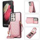 For Samsung Galaxy S21 Ultra 5G Rhombic Texture RFID Phone Case with Lanyard & Mirror(Rose Gold) - 1