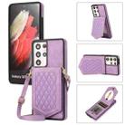 For Samsung Galaxy S21 Ultra 5G Rhombic Texture RFID Phone Case with Lanyard & Mirror(Purple) - 1