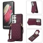 For Samsung Galaxy S21 Ultra 5G Rhombic Texture RFID Phone Case with Lanyard & Mirror(Wine Red) - 1