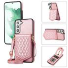 For Samsung Galaxy S22+ 5G Rhombic Texture RFID Phone Case with Lanyard & Mirror(Rose Gold) - 1