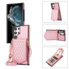 For Samsung Galaxy S22 Ultra 5G Rhombic Texture RFID Phone Case with Lanyard & Mirror(Rose Gold) - 1