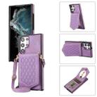 For Samsung Galaxy S22 Ultra 5G Rhombic Texture RFID Phone Case with Lanyard & Mirror(Purple) - 1