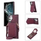 For Samsung Galaxy S22 Ultra 5G Rhombic Texture RFID Phone Case with Lanyard & Mirror(Wine Red) - 1