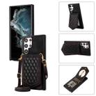 For Samsung Galaxy S22 Ultra 5G Rhombic Texture RFID Phone Case with Lanyard & Mirror(Black) - 1