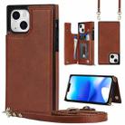 For iPhone 14 Cross-body Square Dual-Buckle Card Flip Wallet Phone Case(Brown) - 1