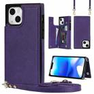 For iPhone 14 Plus Cross-body Square Dual-Buckle Card Flip Wallet Phone Case(Purple) - 1