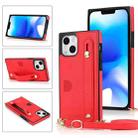 For iPhone 14 Crossbody Wrist Strap Card Holder Phone Case(Red) - 1