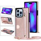 For iPhone 14 Pro Crossbody Wrist Strap Card Holder Phone Case(Rose Gold) - 1