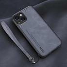 For iPhone 14 Plus Lamba Skin Feel Leather Back Phone Case with Strap(Blue) - 1