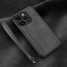 For iPhone 14 Pro Lamba Skin Feel Leather Back Phone Case with Strap(Dark Grey) - 1