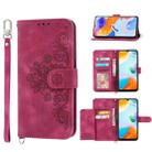 For Samsung Galaxy A04e Skin-feel Flowers Embossed Wallet Leather Phone Case(Wine Red) - 1