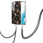 For Samsung Galaxy S23 5G Splicing Marble Flower IMD TPU Phone Case with Lanyard(Black Flower) - 1