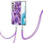 For Samsung Galaxy S23 5G Electroplating IMD Splicing Dual-side Marble TPU Phone Case with Lanyard(Dark Purple) - 1