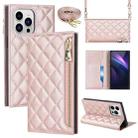 For iPhone 14 Pro Max Grid Texture Lanyard Zipper Leather Phone Case(Rose Gold) - 1