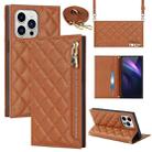 For iPhone 14 Pro Max Grid Texture Lanyard Zipper Leather Phone Case(Brown) - 1