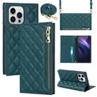 For iPhone 14 Pro Grid Texture Lanyard Zipper Leather Phone Case(Green) - 1