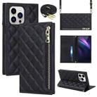 For iPhone 14 Pro Grid Texture Lanyard Zipper Leather Phone Case(Black) - 1
