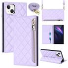 For iPhone 14 Grid Texture Lanyard Zipper Leather Phone Case(Purple) - 1