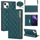 For iPhone 14 Grid Texture Lanyard Zipper Leather Phone Case(Green) - 1
