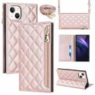 For iPhone 14 Plus Grid Texture Lanyard Zipper Leather Phone Case(Rose Gold) - 1