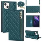 For iPhone 14 Plus Grid Texture Lanyard Zipper Leather Phone Case(Green) - 1