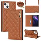 For iPhone 14 Plus Grid Texture Lanyard Zipper Leather Phone Case(Brown) - 1