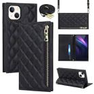 For iPhone 14 Plus Grid Texture Lanyard Zipper Leather Phone Case(Black) - 1