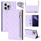 For iPhone 13 Pro Max Grid Texture Lanyard Zipper Leather Phone Case(Purple) - 1
