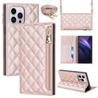 For iPhone 13 Pro Grid Texture Lanyard Zipper Leather Phone Case(Rose Gold) - 1