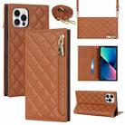 For iPhone 12 Pro Max Grid Texture Lanyard Zipper Leather Phone Case(Brown) - 1