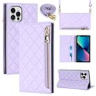 For iPhone 12 / 12 Pro Grid Texture Lanyard Zipper Leather Phone Case(Purple) - 1