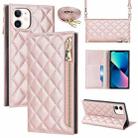 For iPhone 12 mini Grid Texture Lanyard Zipper Leather Phone Case(Rose Gold) - 1