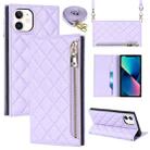 For iPhone 12 mini Grid Texture Lanyard Zipper Leather Phone Case(Purple) - 1