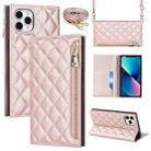 For iPhone 11 Pro Max Grid Texture Lanyard Zipper Leather Phone Case(Rose Gold) - 1