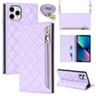 For iPhone 11 Pro Max Grid Texture Lanyard Zipper Leather Phone Case(Purple) - 1