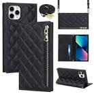 For iPhone 11 Pro Max Grid Texture Lanyard Zipper Leather Phone Case(Black) - 1