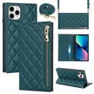 For iPhone 11 Pro Grid Texture Lanyard Zipper Leather Phone Case(Green) - 1