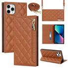 For iPhone 11 Pro Grid Texture Lanyard Zipper Leather Phone Case(Brown) - 1