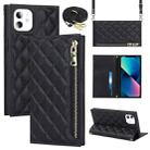 For iPhone 11 Grid Texture Lanyard Zipper Leather Phone Case(Black) - 1