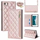 For iPhone SE 2022 / SE 2020 / 8 / 7 Grid Texture Lanyard Zipper Leather Phone Case(Rose Gold) - 1