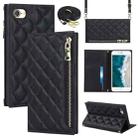 For iPhone SE 2022 / SE 2020 / 8 / 7 Grid Texture Lanyard Zipper Leather Phone Case(Black) - 1