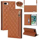 For iPhone 8 Plus / 7 Plus Grid Texture Lanyard Zipper Leather Phone Case(Brown) - 1