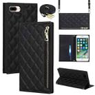 For iPhone 8 Plus / 7 Plus Grid Texture Lanyard Zipper Leather Phone Case(Black) - 1