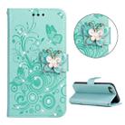 For iPhone SE 2022 / SE 2020 Diamond Encrusted Butterflies Embossing Pattern Horizontal Flip Leather Case with Holder & Card Slots & Wallet & Lanyard(Green) - 1