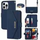 For iPhone 14 Pro Max Cross Texture Lanyard Leather Phone Case(Blue) - 1