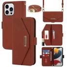 For iPhone 14 Pro Max Cross Texture Lanyard Leather Phone Case(Brown) - 1