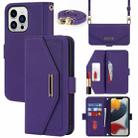 For iPhone 14 Pro Max Cross Texture Lanyard Leather Phone Case(Purple) - 1