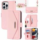 For iPhone 14 Pro Max Cross Texture Lanyard Leather Phone Case(Pink) - 1