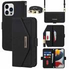 For iPhone 14 Pro Cross Texture Lanyard Leather Phone Case(Black) - 1