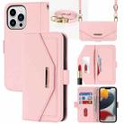 For iPhone 14 Pro Cross Texture Lanyard Leather Phone Case(Pink) - 1